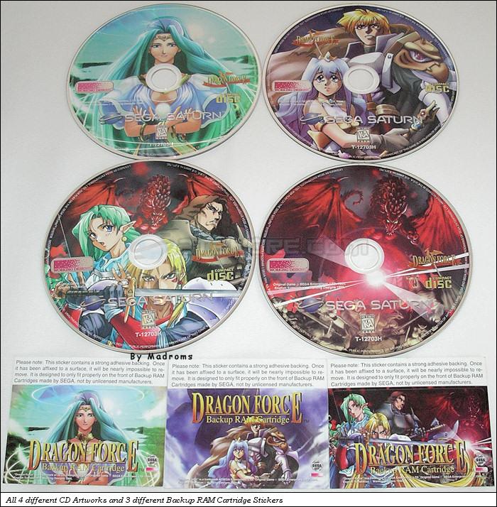 Sega Saturn Database - Dragon Force USA [T-12703H] - All 4 different CD artworks and 3 different backup RAM cartridge stickers